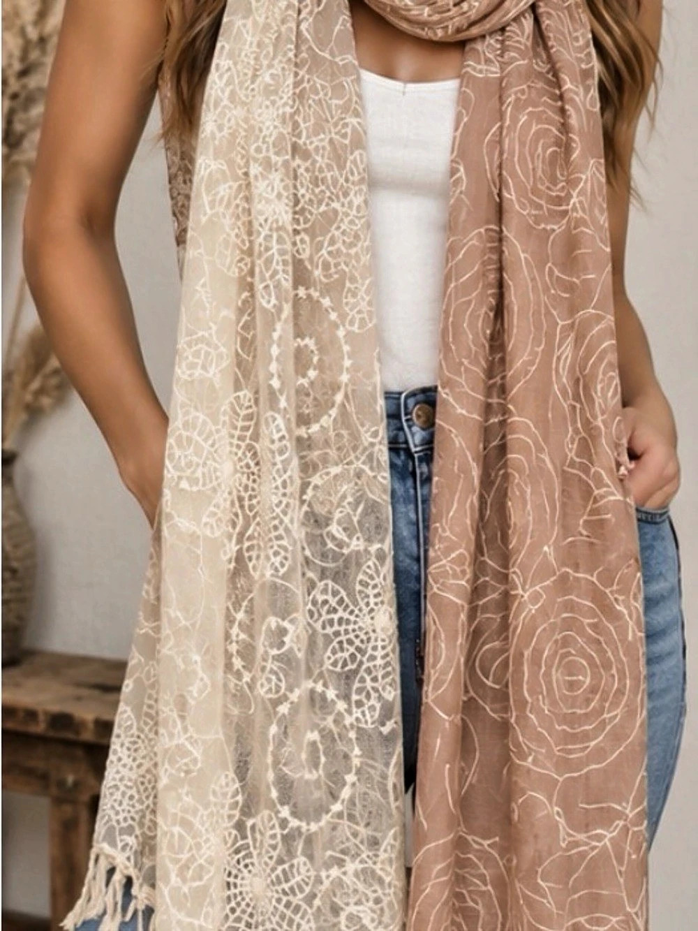 71x12/22Title: Beige & Dusty Rose Embroidered Lace Floral Scarf Wrap Shawl